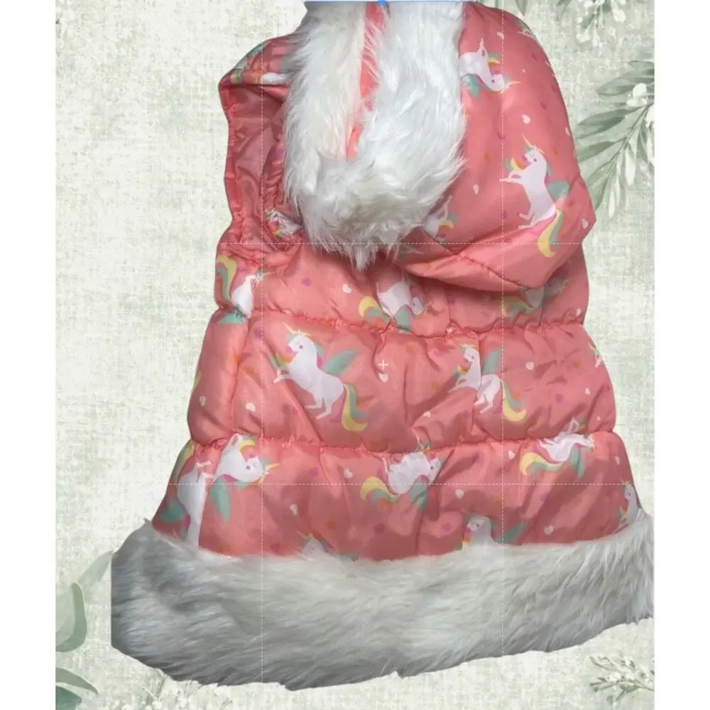 Little Lass Girls 5T Unicorn Puffer Vest Pink Faux Fur Hood Silver Toggles